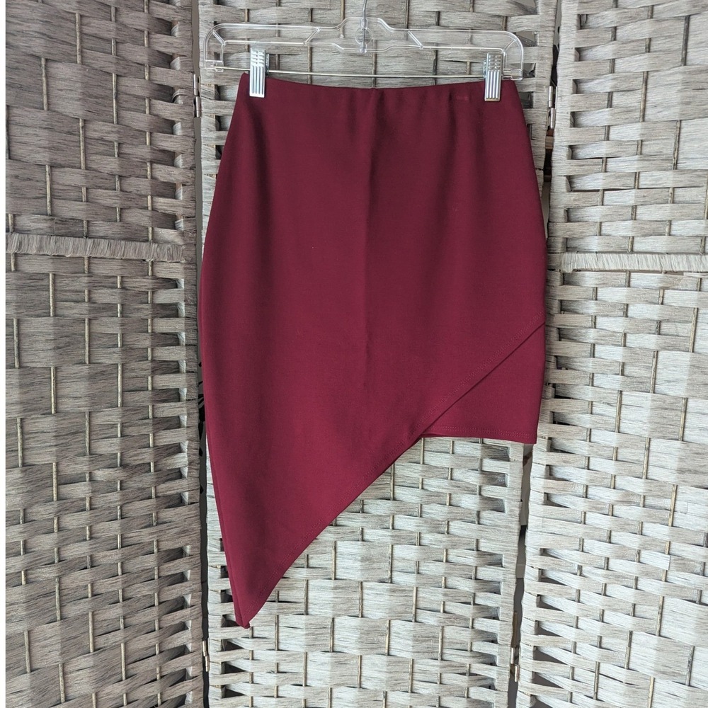 Vtg Y2K Charlotte Russe Asymmetrical Hem Mini Skirt Burgundy Sz S Bodycon USA